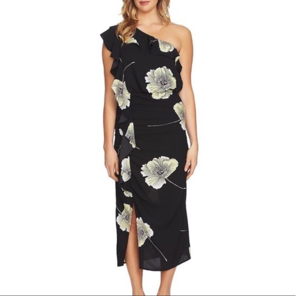 1.STATE Black & Floral One Shoulder Ruffle Midi Dress - Picture 12 of 13